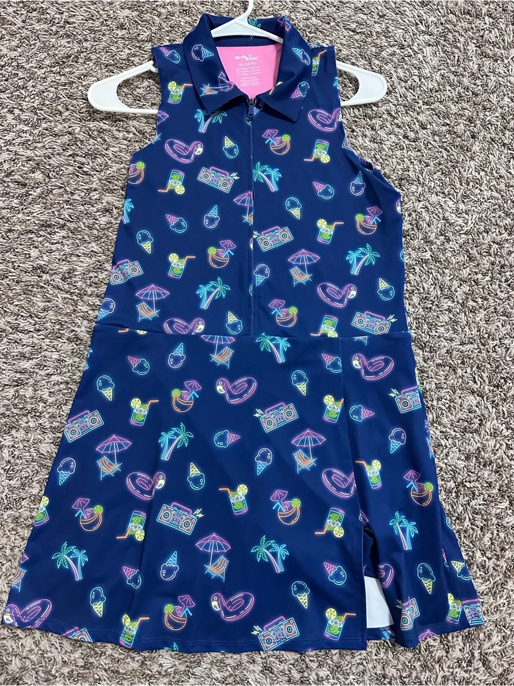 Birdie bound Girls' Navy Neon Print Sleeveless Polo romper